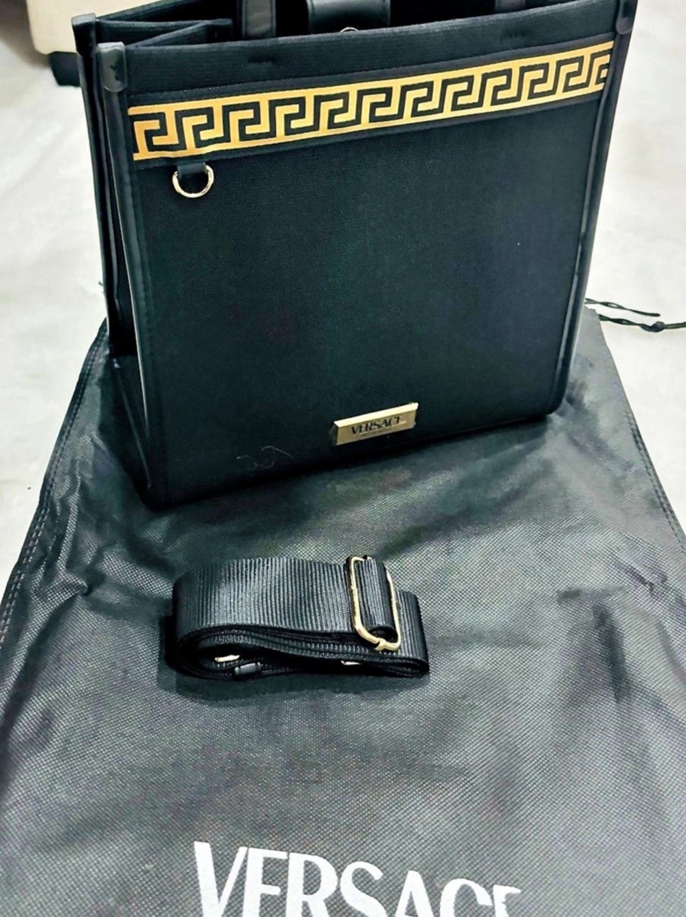 Versace Parfums Black and Gold Greek Key Tote Bag & Gold Greek Key Tote